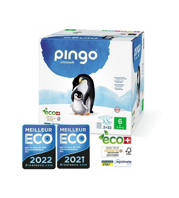 PINGO COUCHES ÉCOLOGIQUES JETABLES JUMBO XL TAILLE 6 (15-30KG) 2X32 COUCHES PINGO COUCHES ÉCOLOGIQUES JETABLES JUMBO XL TAILLE 6 (15-30KG) 2X32 COUCHES